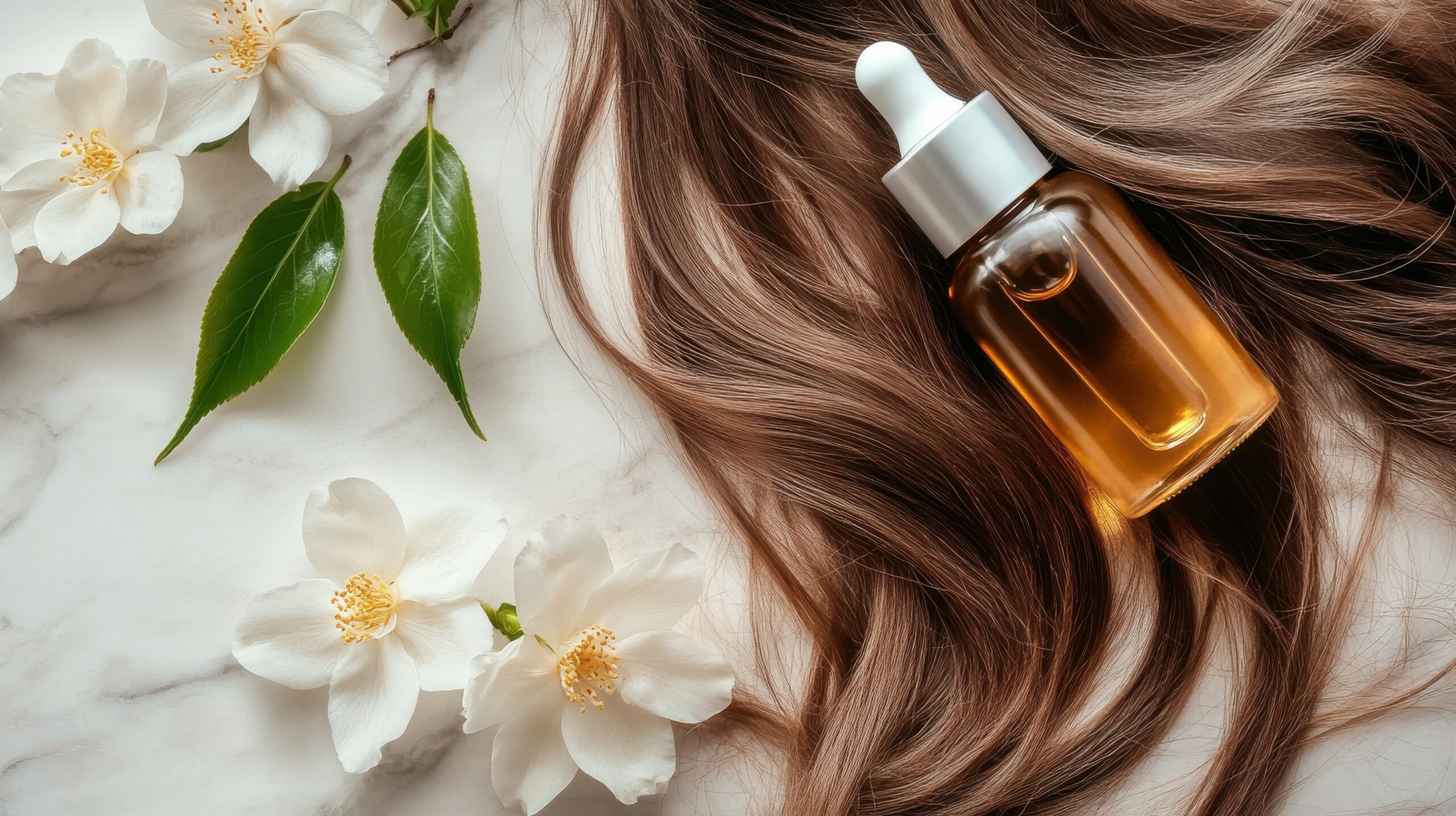 a bottle of hair oil laid over healthy hair.