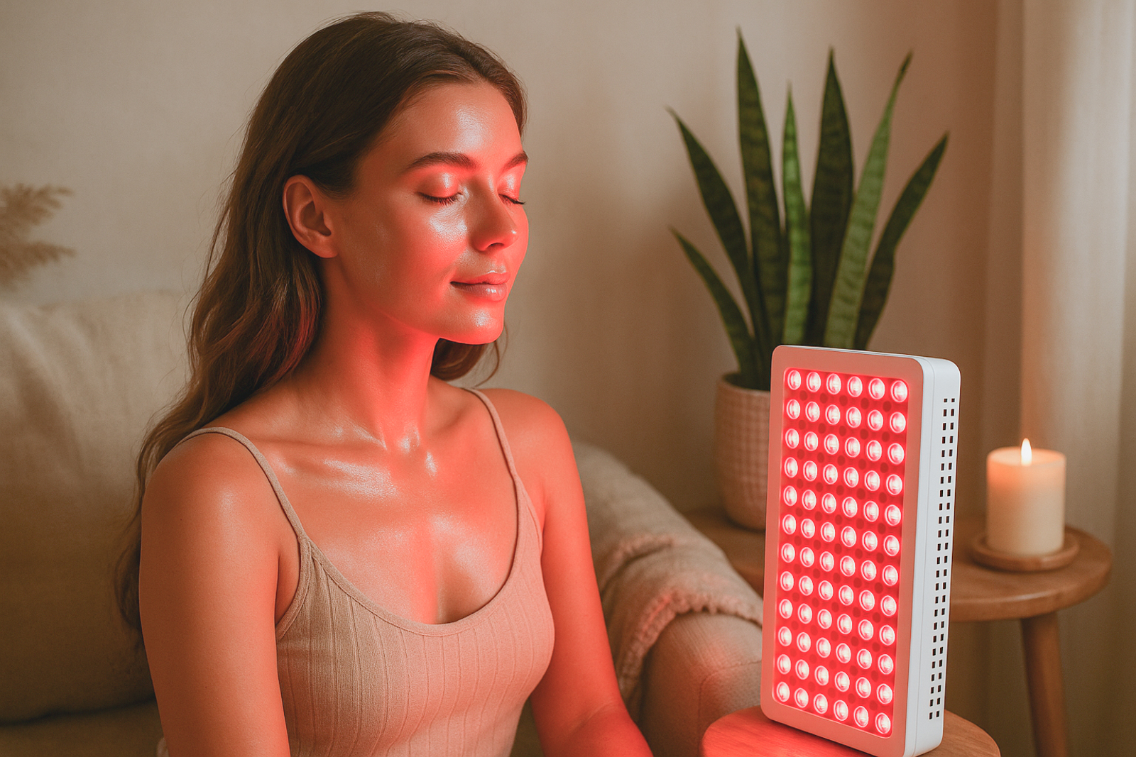girl using red light therapy panel